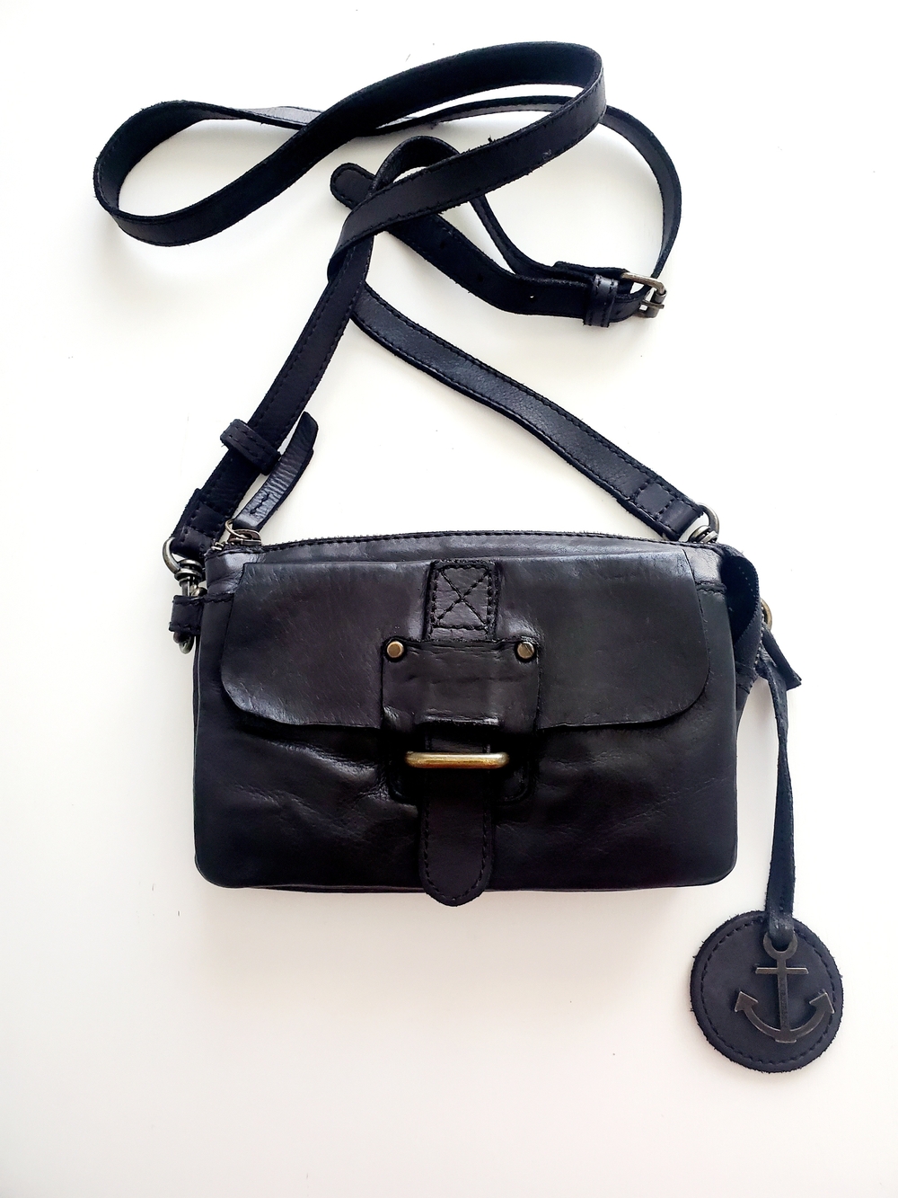 Classic Black Leather Crossbody with Anchor Charm